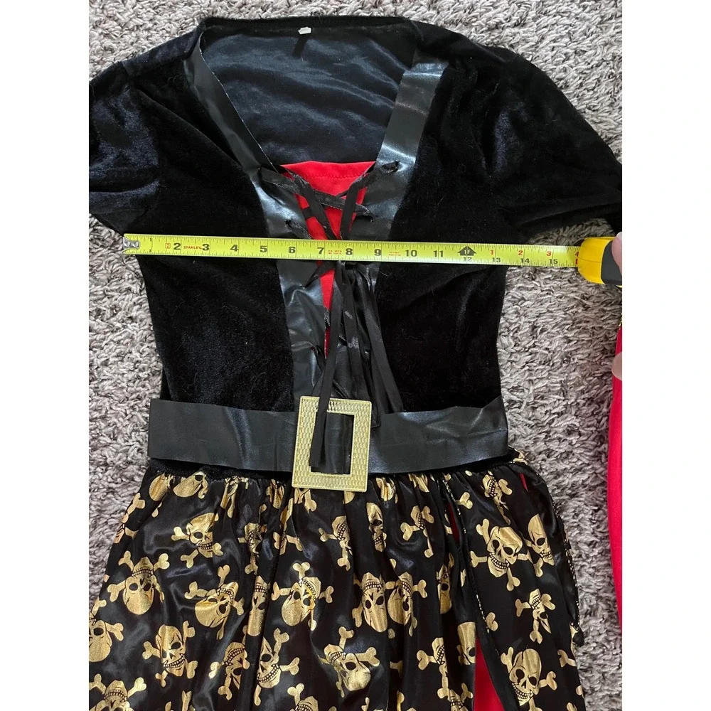 Kids Pirate Costume Dress Black Red Gold Skull Print Halloween Small